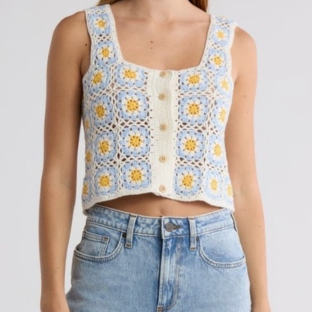 Cotton Emporium Blue and Yellow Vintage Inspired Crochet Crop Top Size Small